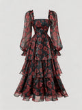 [Fashion Dress] Women'S Elegant And Beautiful Dress, Ruffle Design Comfortable And Breathable Summer Dress with Rose Print, Suitable for Daily Wear in Spring And Summer, Trendy And Versatile, Suitable for Various Occasions - Black