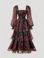 [Fashion Dress] Women'S Elegant And Beautiful Dress, Ruffle Design Comfortable And Breathable Summer Dress with Rose Print, Suitable for Daily Wear in Spring And Summer, Trendy And Versatile, Suitable for Various Occasions - Black