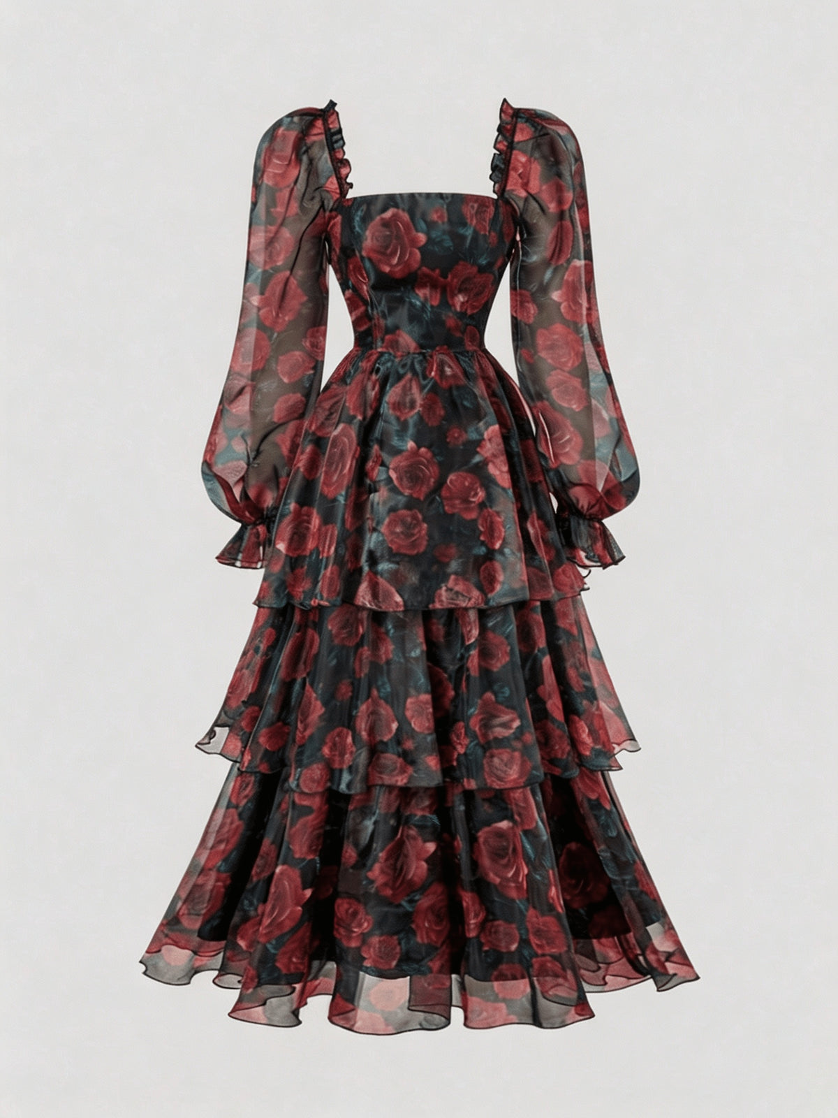 [Fashion Dress] Women'S Elegant And Beautiful Dress, Ruffle Design Comfortable And Breathable Summer Dress with Rose Print, Suitable for Daily Wear in Spring And Summer, Trendy And Versatile, Suitable for Various Occasions - Black