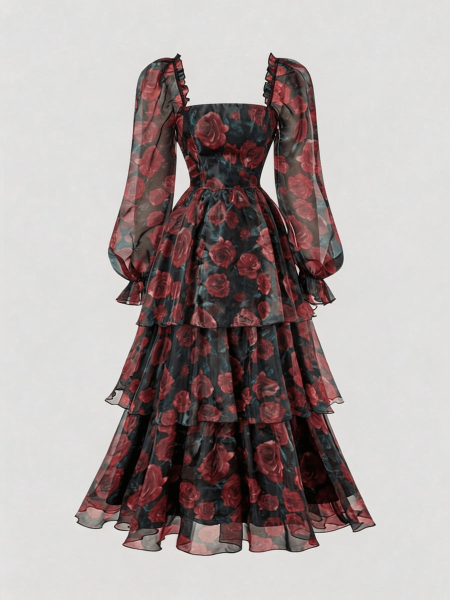 [Fashion Dress] Women'S Elegant And Beautiful Dress, Ruffle Design Comfortable And Breathable Summer Dress with Rose Print, Suitable for Daily Wear in Spring And Summer, Trendy And Versatile, Suitable for Various Occasions - Black