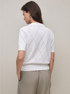 Women's Collar Rhombus Pattern Short Sleeve Top, Versatile Commuter Style for Spring and Summer - White