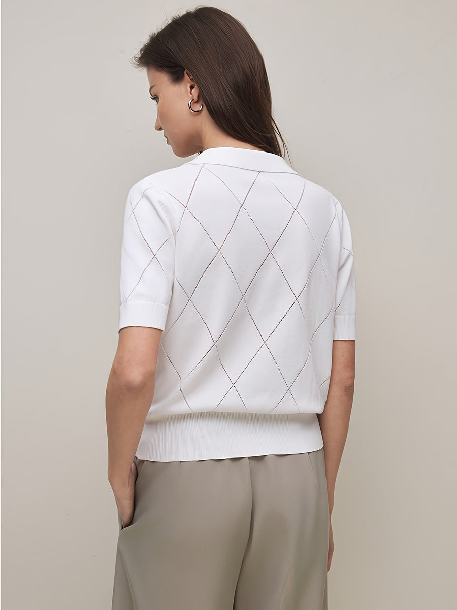Women's Collar Rhombus Pattern Short Sleeve Top, Versatile Commuter Style for Spring and Summer - White