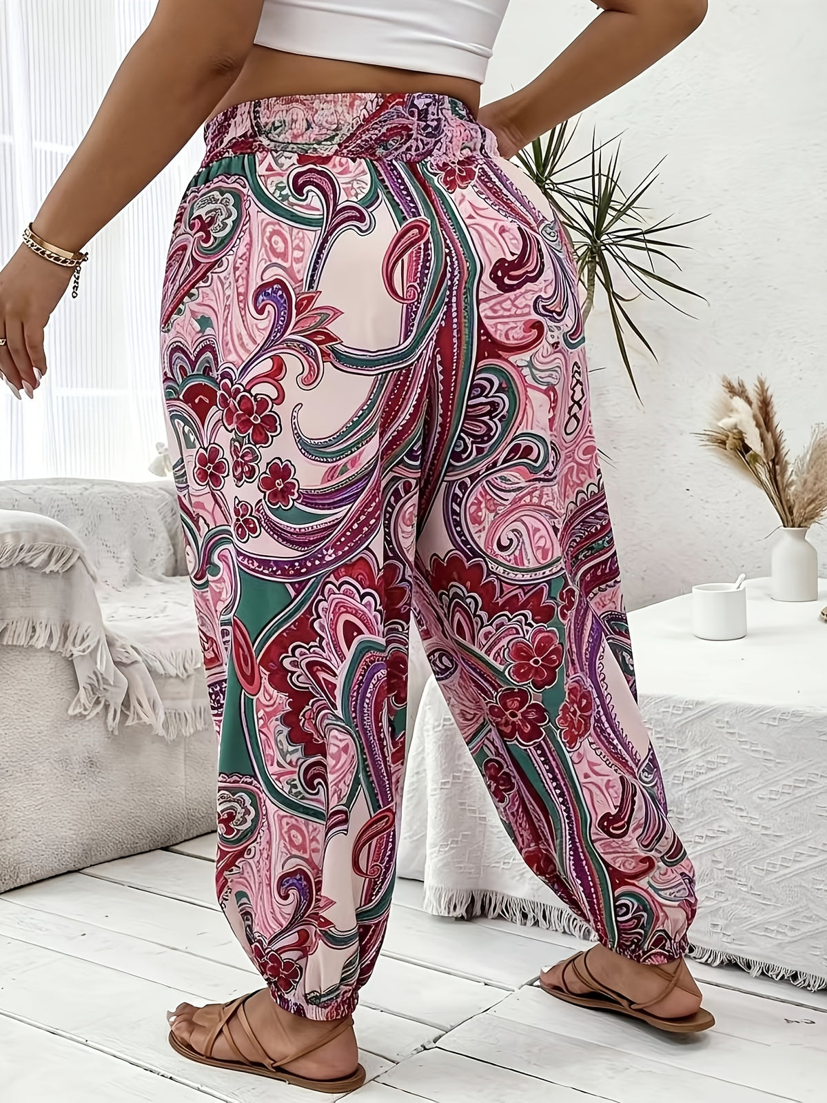 Vacation Full Body Printed High-Waist Elastic Waist Fashion Long Pants - Multicololr 6