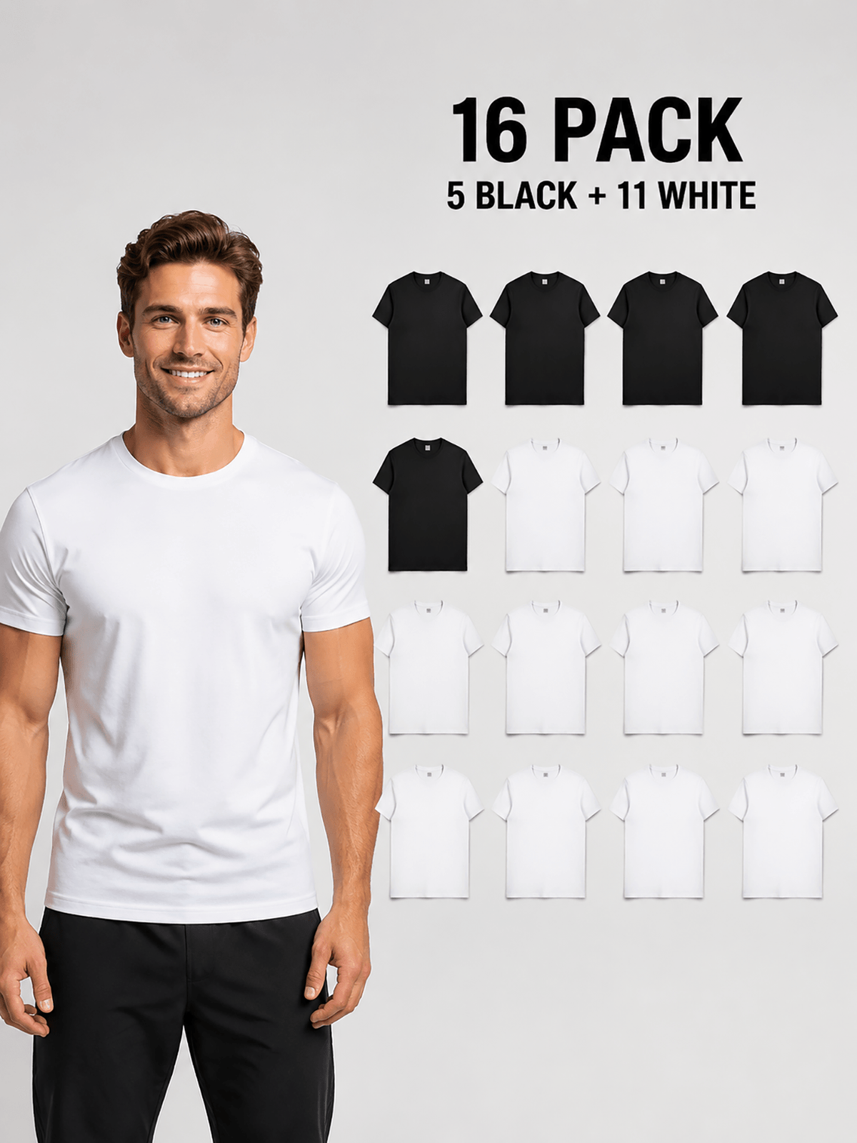16pcs Men'S 100% Round-Neck Solid Color Short-Sleeve T-Shirts, Black And White, Soft And Breathable Basic Undershirts, Suitable for Daily Casual Wear, Sports, And Outdoor Wear - 5 Black 11 White 16 Pack