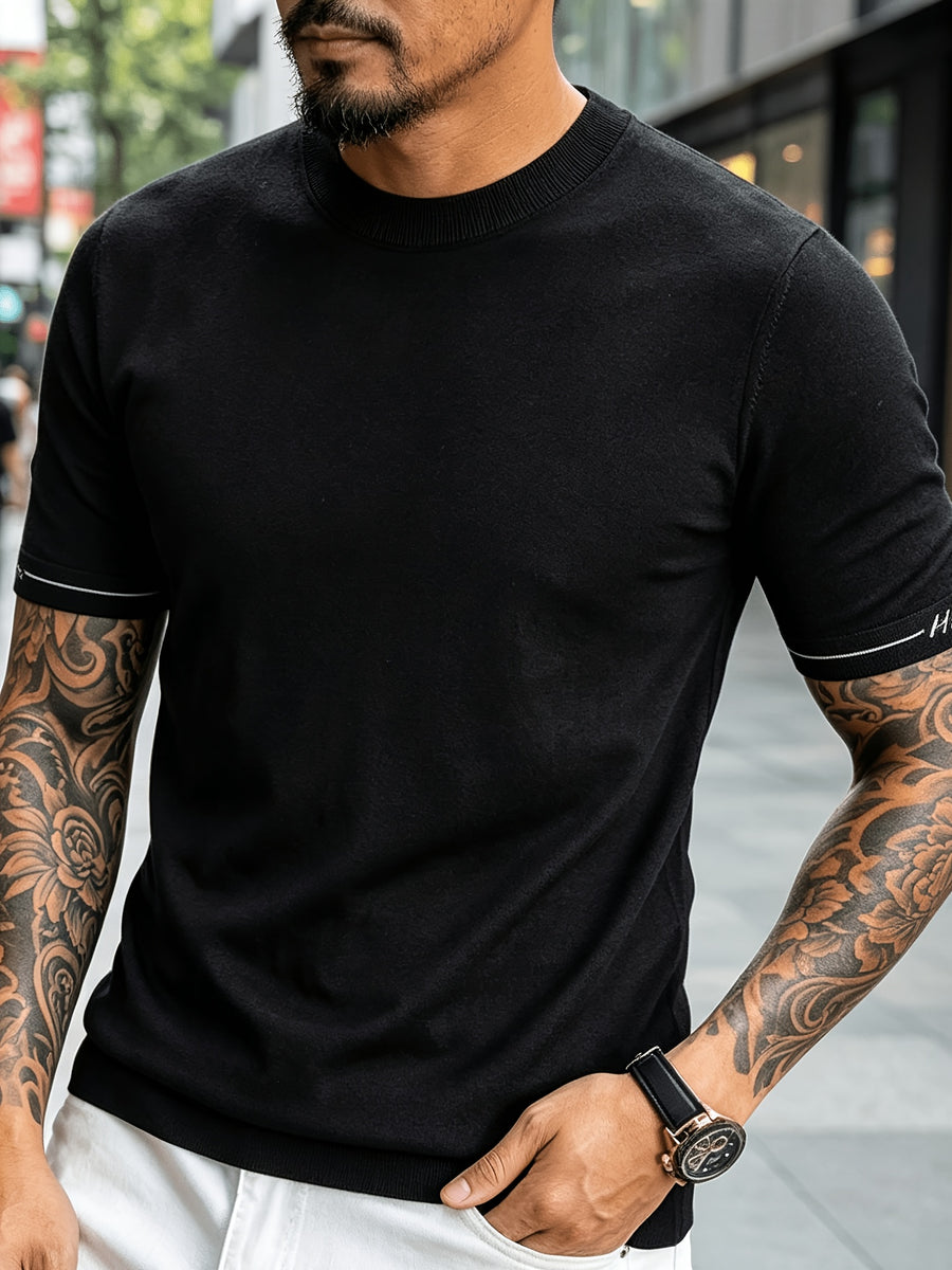 Men' Summer Short-Sleeve Knit Shirt with White-Trimmed Cuff - Stretchable Round Neck -Compatible Suitable for Urban Streetwear & Business Casual, Solid Color Multi-Color Tunic Top for Commuting and Office Wear - Black