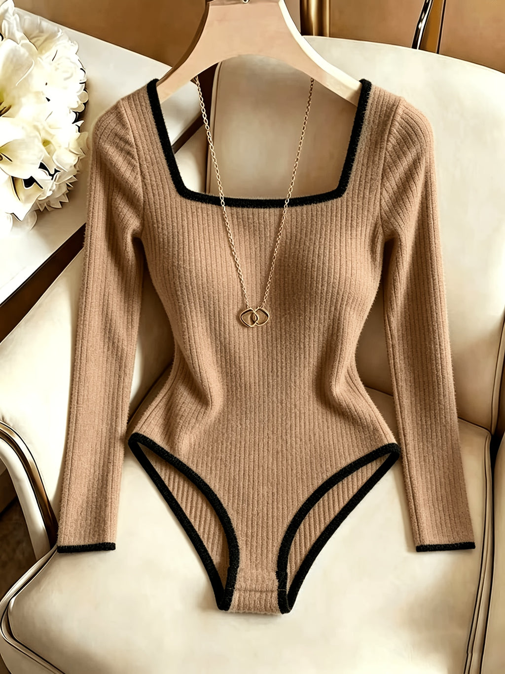 3pcs Women'S Elegant Square Neck Contrast Back Tight Jumpsuit, Brushed Ribbed Long Sleeve Top - Coffee+Apricot+White