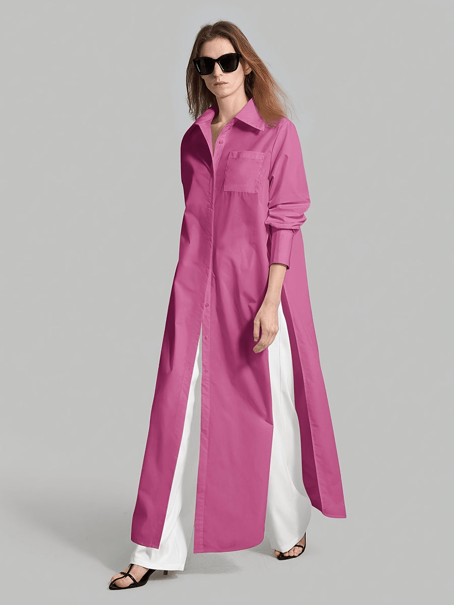 Women's Beachwear | Holiday Outfits | Country Style | Women's Solid Color Long Sleeve Single-Breasted Button-Up Shirt with Slit Hem, Suitable for Country Music Festivals, Urban Commuting | Office Business Casual | Elegant Top, Women's Formal - The color of rouge