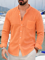 Pc of 2 Mens Plain Long Sleeve Button Shirts with Mandarin Collar & Distinct Chest Pocket, Lightweight Airy Sweat-Wicking Casual Tops, Versatile for Office Work, Holidays, Daily Outings & Home Regular Fit Spring Summer Office Work Holiday - Orange+Light Green