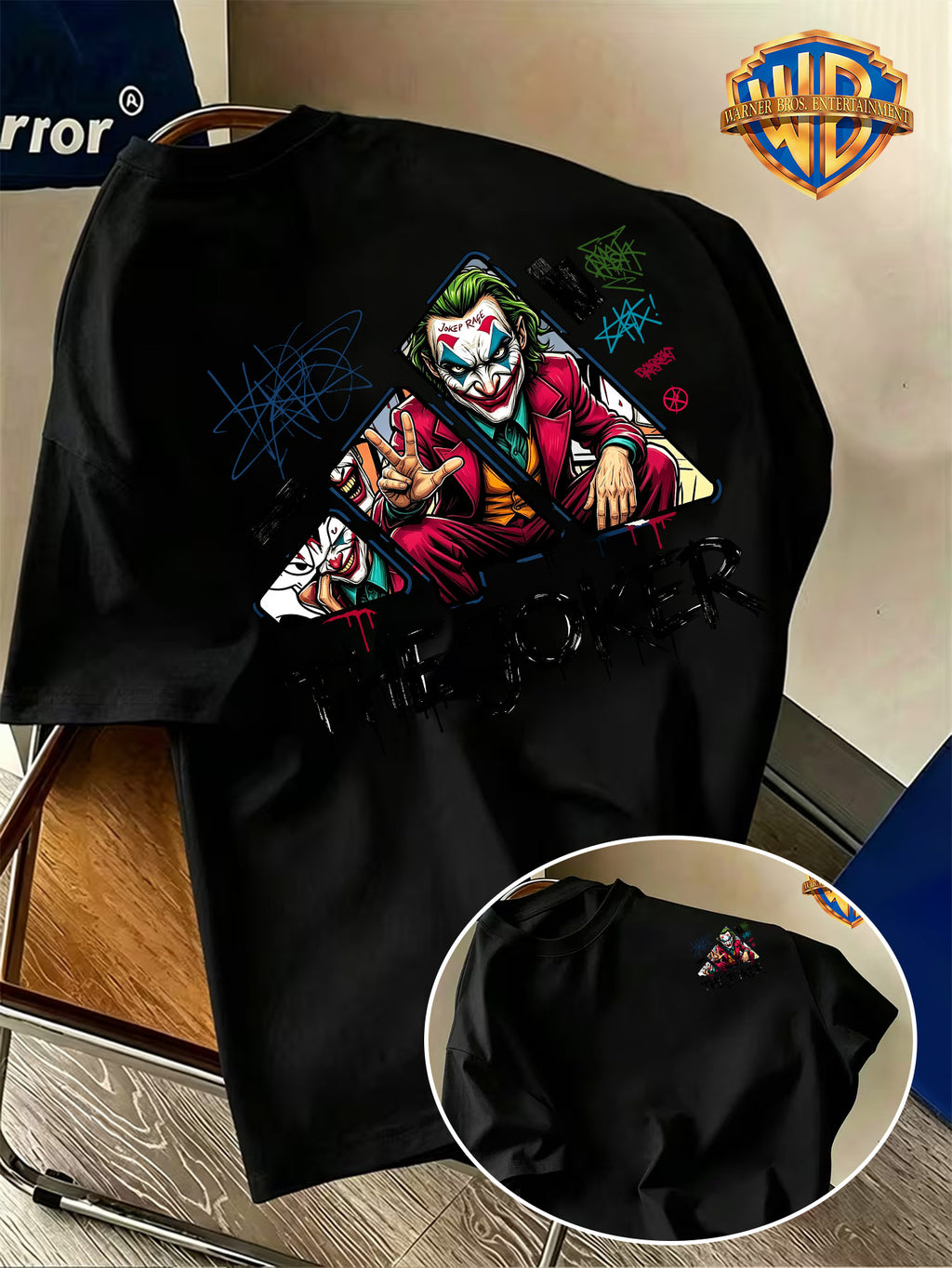 Back-To-School Season Warner Authorized Pure Men'S Short Sleeve T-Shirt, Street Graffiti Style Red Suit Joker Victory Gesture Half-Body Portrait Creative Cartoon Pattern Print, Men'S Casual Trendy Summer Top, Multiple Sizes Available - Black