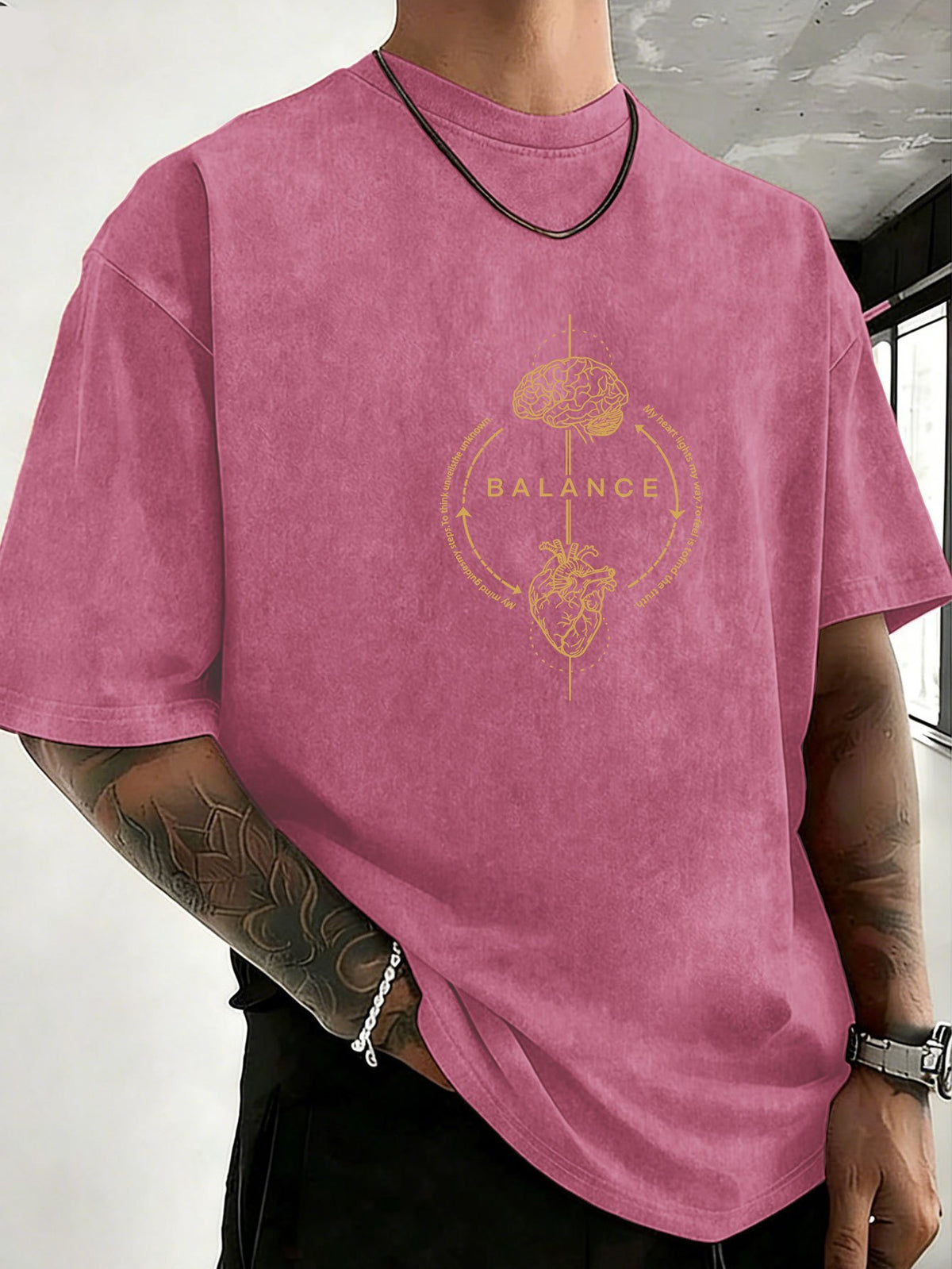 Men's 100% Cotton Washed Distressed Crew Neck Short-Sleeve T-Shirt, Balance Brain Heart Graphic Double-Sided Print, Trendy Loose Casual Tee Tops, 12 Colors Available - Rose Red