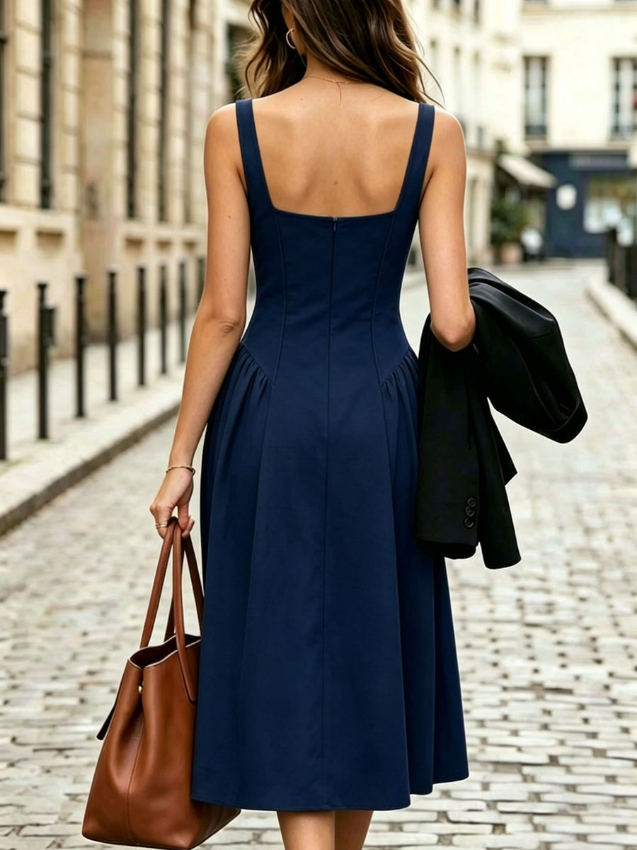 Fashionable Women's Sleeveless Puff-Style Solid Color Dress (Accessories Not Included) - New Spring/Summer Women's Clothing, Most Popular Korean Women's Apparel, Casual and Elegant Women's Dresses, Hot-Look Outfits, Women's Dresses, Women's Summer - Navy Color