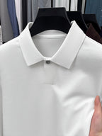 Men'S Lapel Long Sleeve Knit Sweater, Single Metal Button Placket, Long Sleeve Round Cuffs, Light Business Casual Pullover Top - SINBOS - Ivory White