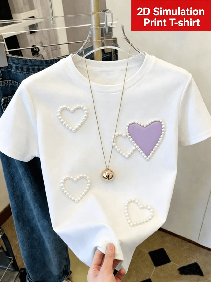 [Printed Design - Not Textured] Women'S White Trendy Coquette Heart Print T-Shirt, Elegant Graphic Design, Soft Casual Daily Top - White 7