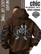 Men'S Hooded Sweatshirt, Western Trendy Cool Black And White Sketch Joker Theme Print, Sleeves with Same Series Splatter Art Lettering, Breathable And Skin-Friendly Fabric, Showcasing ' Fashion Sense, Ideal Gift for Holidays And Birthdays - Coffee Color
