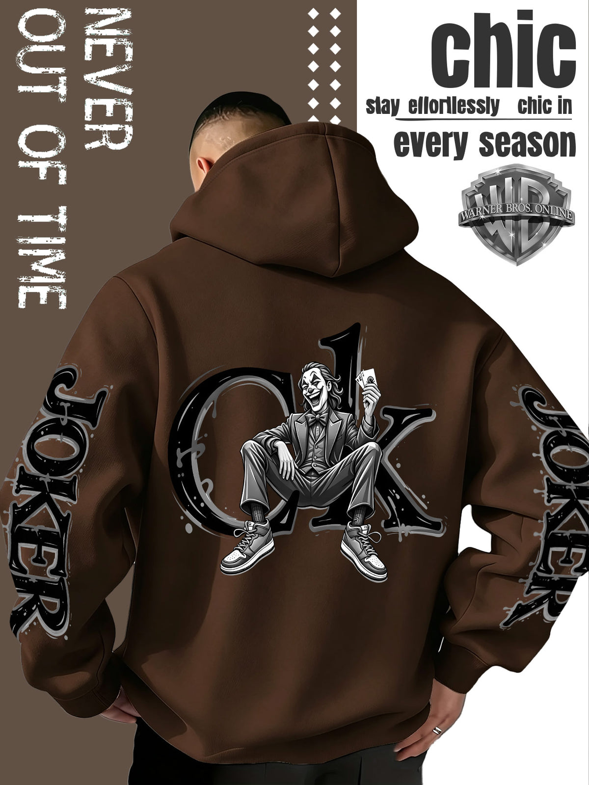 Men'S Hooded Sweatshirt, Western Trendy Cool Black And White Sketch Joker Theme Print, Sleeves with Same Series Splatter Art Lettering, Breathable And Skin-Friendly Fabric, Showcasing ' Fashion Sense, Ideal Gift for Holidays And Birthdays - Coffee Color