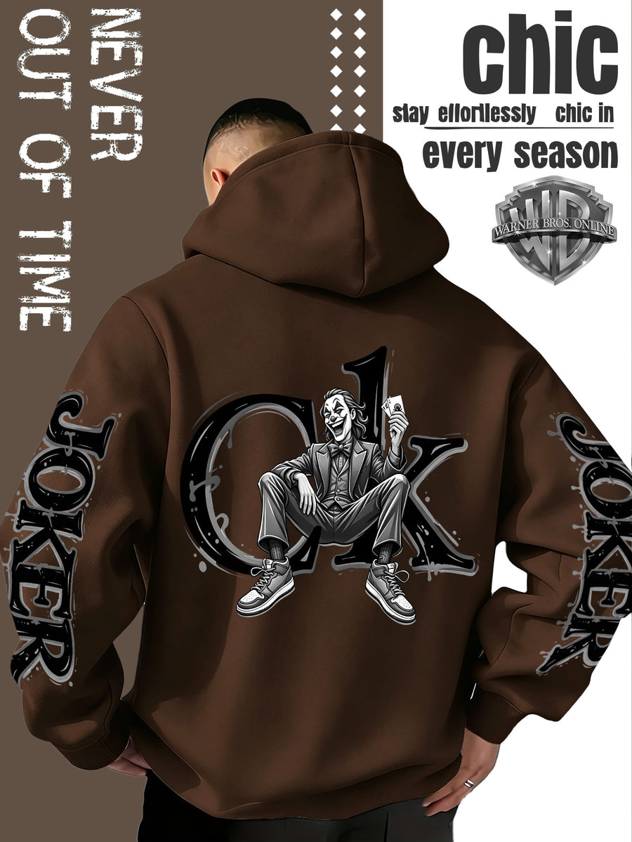 Men'S Hooded Sweatshirt, Western Trendy Cool Black And White Sketch Joker Theme Print, Sleeves with Same Series Splatter Art Lettering, Breathable And Skin-Friendly Fabric, Showcasing ' Fashion Sense, Ideal Gift for Holidays And Birthdays - Coffee Color