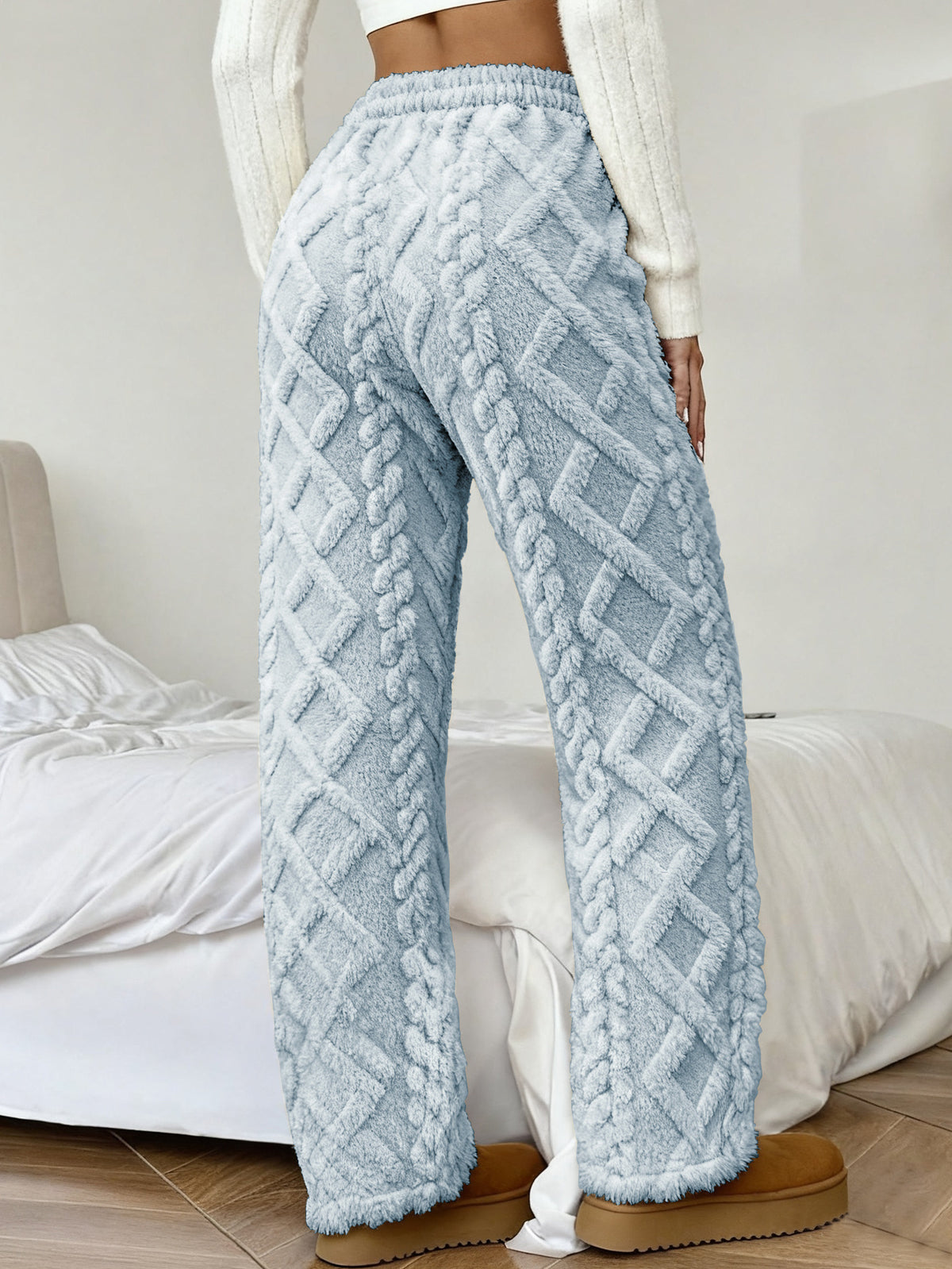 Women's Winter -Lined Casual Pants, Jacquard Fabric, Drawstring Waist, Suitable for Winter Home and Outdoor Wear - Grey
