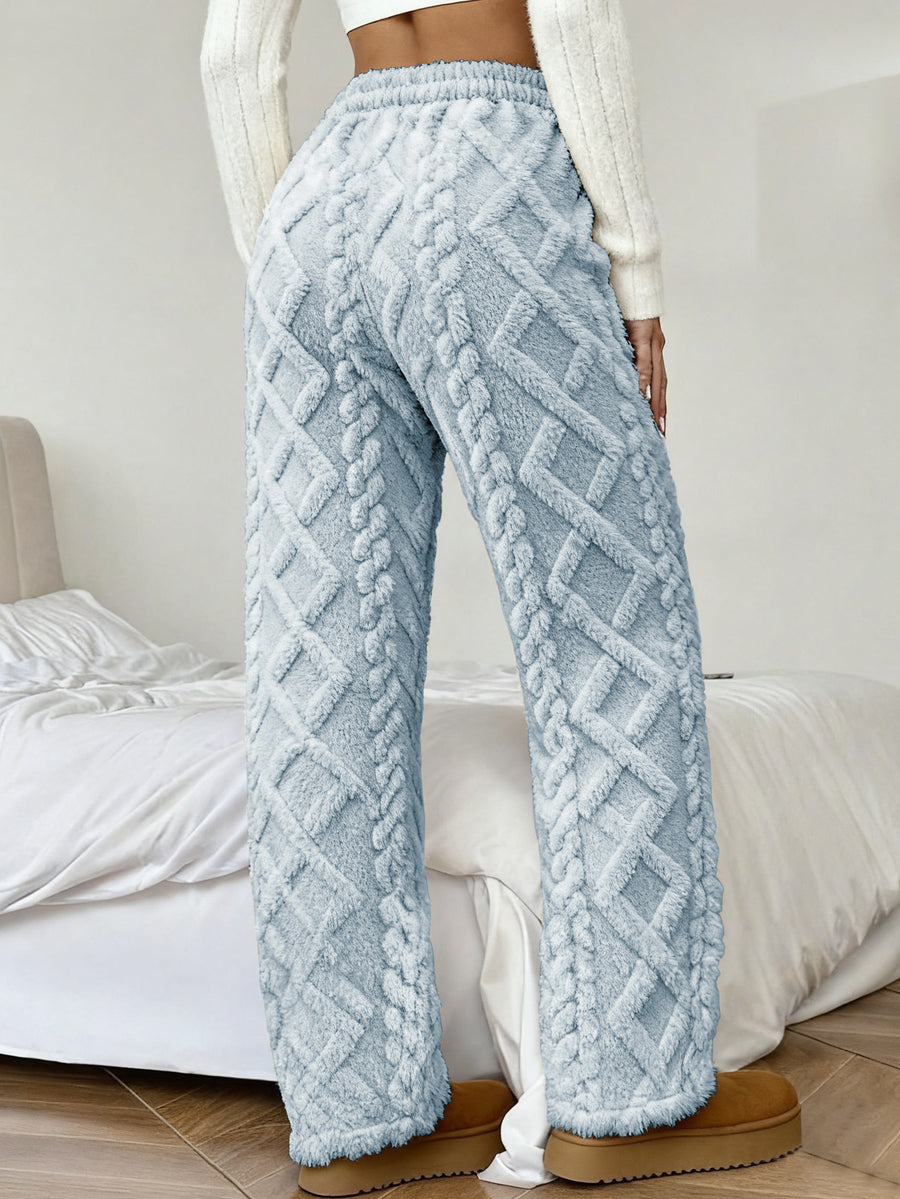 Women's Winter -Lined Casual Pants, Jacquard Fabric, Drawstring Waist, Suitable for Winter Home and Outdoor Wear - Grey
