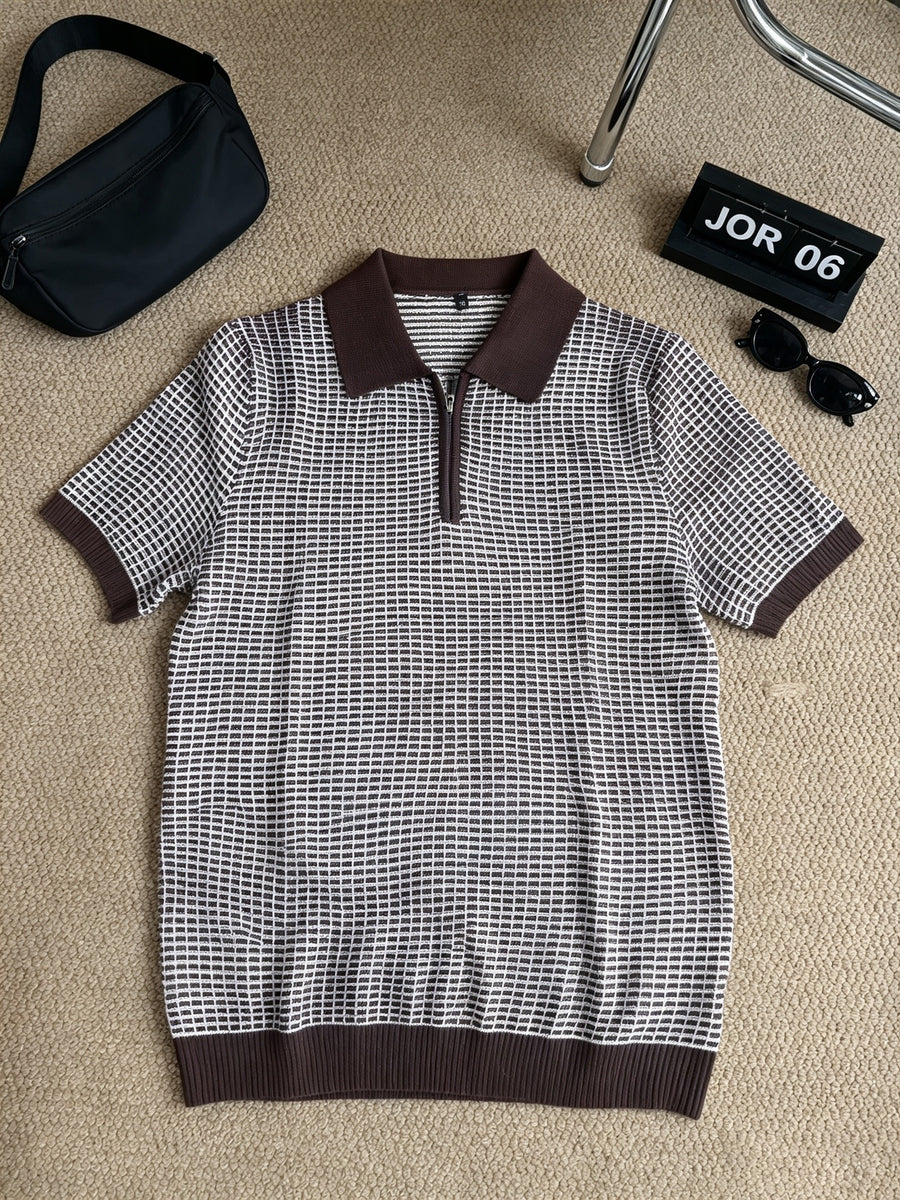 Men's Polo Collar Short Sleeve Waffle Knit Top, Solid Color Lightweight Breathable Casual Pullover - Coffee Color