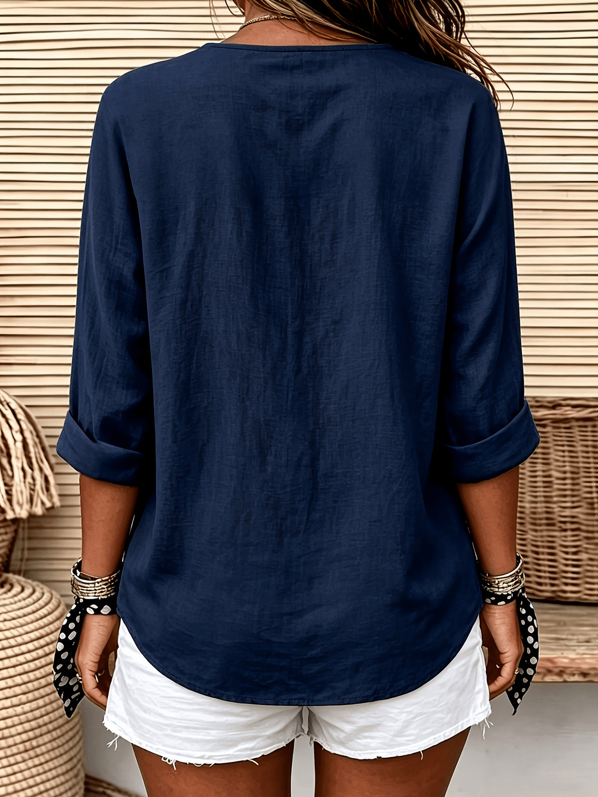 Women'S Solid Color V-Neck Long-Sleeved Shirt, Loose And Single-Breasted Casual Daily Vacation Top - Navy Color