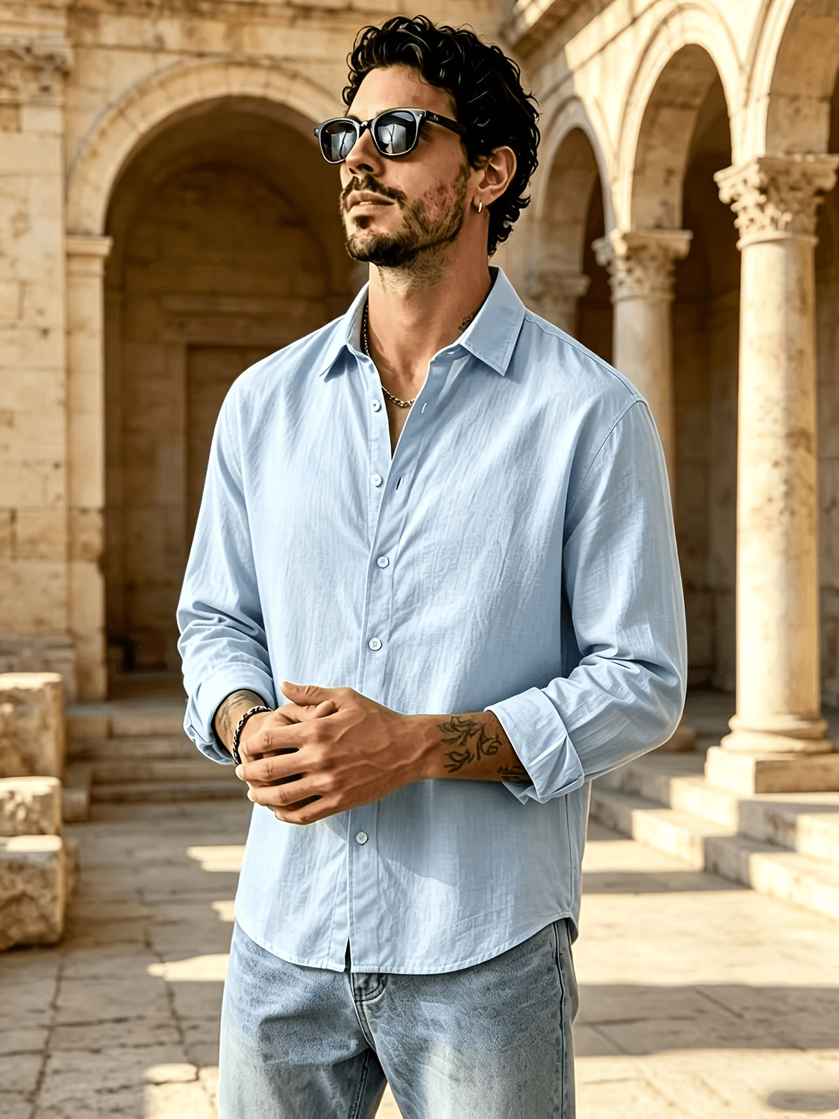 Men's Button Front Long Sleeve Shirts for Summer, Classic Solid Color Lapel Casual Work Shirts, Loose Fit Lightweight Breathable Daily Tops, Vintage Fashion Outdoor Vacation Blouses - Sky Blue
