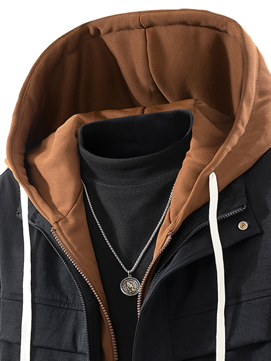 Men's Casual Hooded Jacket, Trendy and Versatile, Suitable for Outdoor and Daily Wear, Faux 2pcs Design, Spring and Autumn Style - Black