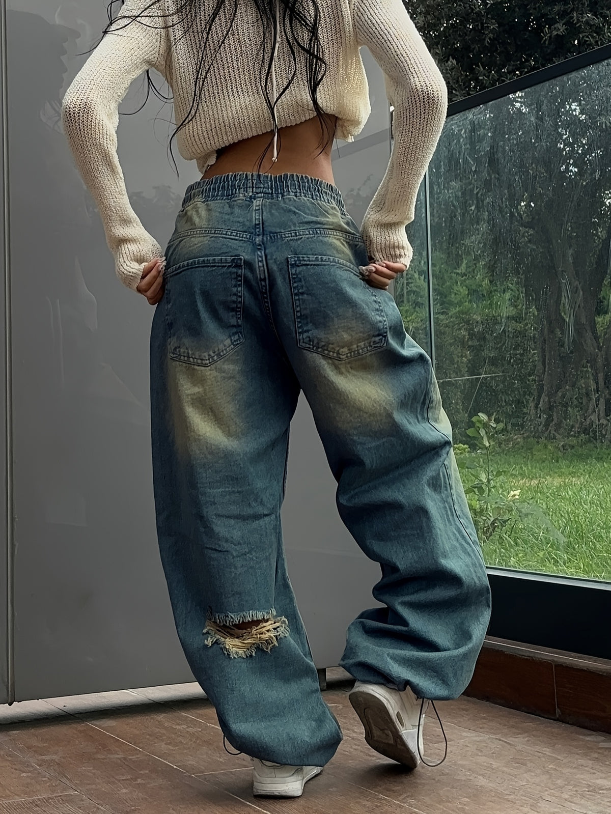 New classic and versatile retro drawstring calf ripped wash drawstring cinched blue wide-leg Women's jeans - Blue