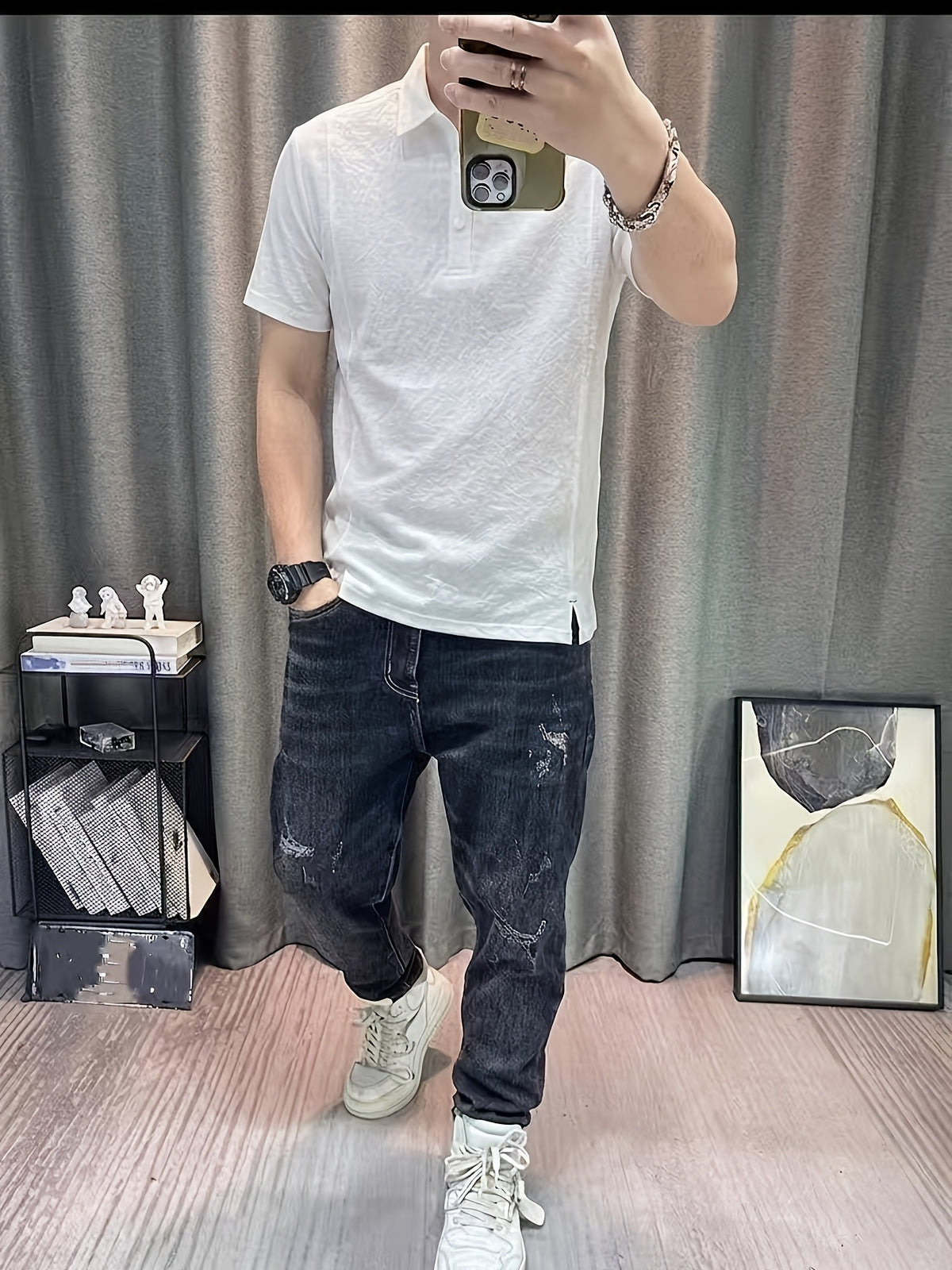 Men's Summer Lightweight Imitation Wrinkle Polo Shirt Solid Lapel Short Sleeve Tops with Button Placket - White