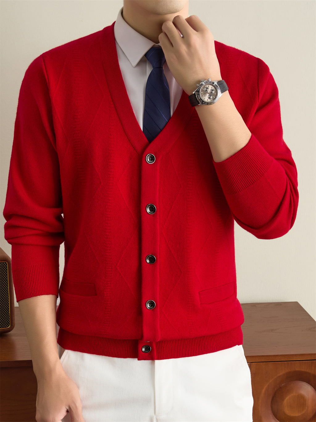 Autumn Winter Knit 3D Solid Color V-Neck Sweater, Basic Knit Cardigan for Men, Fashionable Long Sleeve Sweater, Size Y - Bright Red