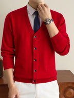 Autumn Winter Knit 3D Solid Color V-Neck Sweater, Basic Knit Cardigan for Men, Fashionable Long Sleeve Sweater, Size Y - Bright Red