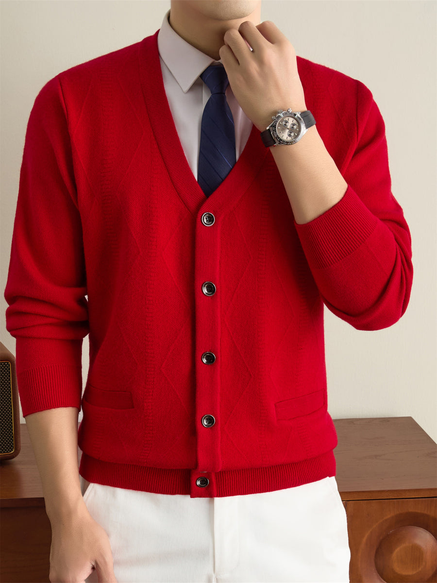 Autumn Winter Knit 3D Solid Color V-Neck Sweater, Basic Knit Cardigan for Men, Fashionable Long Sleeve Sweater, Size Y - Bright Red