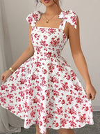A Stylish And Elegant Red Floral Print Spaghetti Strap Dress - Multicolor