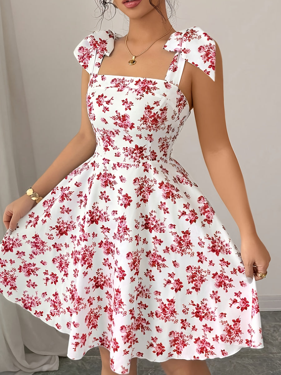 A Stylish And Elegant Red Floral Print Spaghetti Strap Dress - Multicolor