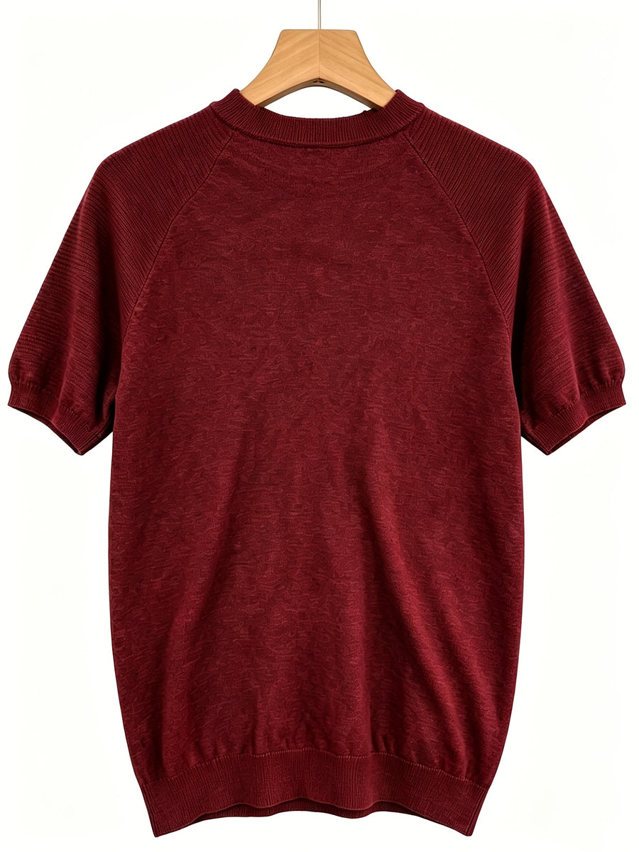 2026 Light Luxury Texture Men'S Off-Shoulder Knit Short Sleeve, Comfortable And Breathable Summer T-Shirt - Burgundy