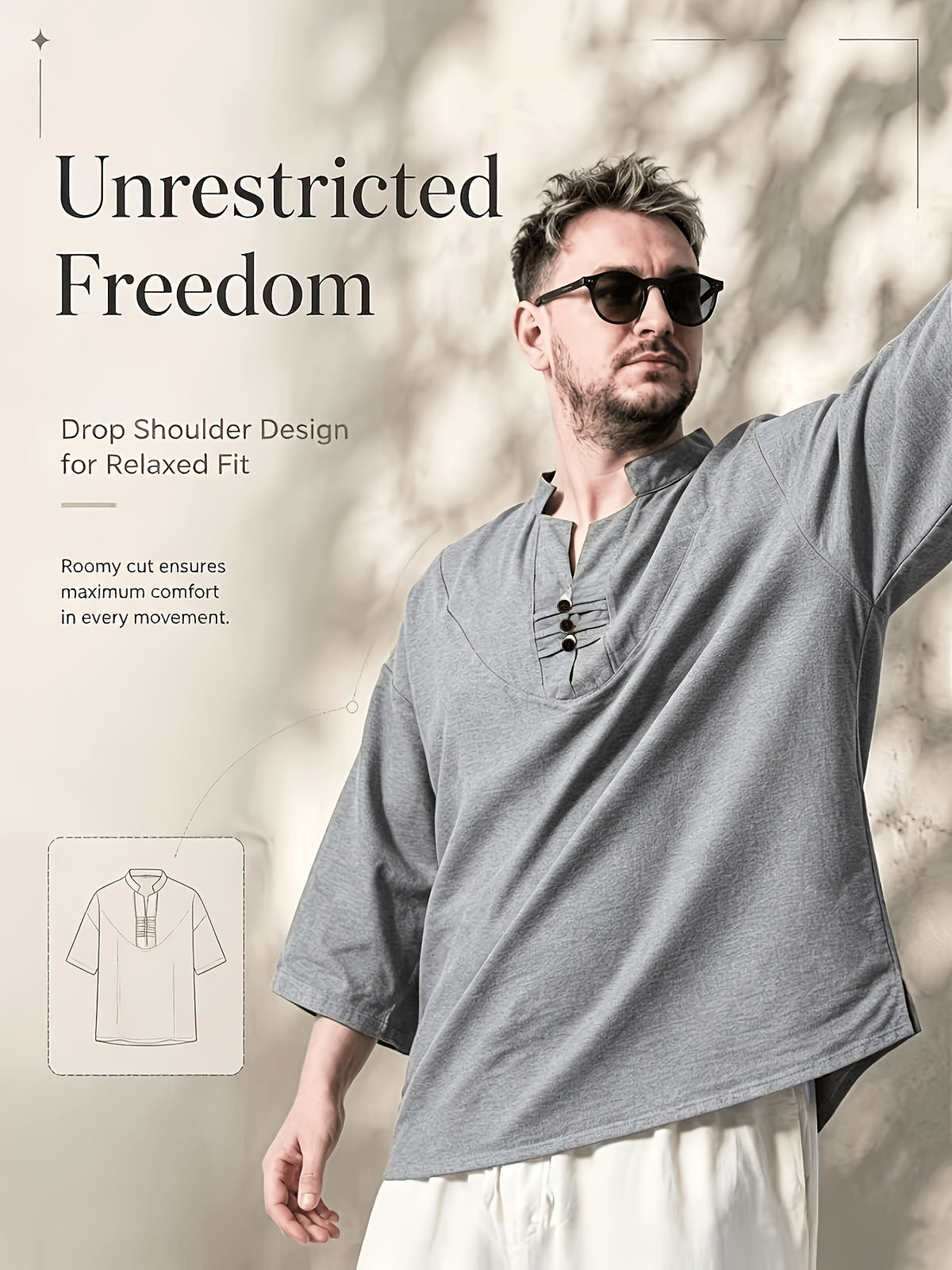 2pcs/Men'S Casual Shirts, New Linen V-Neck Casual Pullover Shirts for Daily Casual Wear, Solid Color 3/4 Sleeve Design, Suitable for Spring, Summer, And Autumn, Quick-Dry Non-Stretch Fabric, Loose Fit, Perfect Gift! - Grey