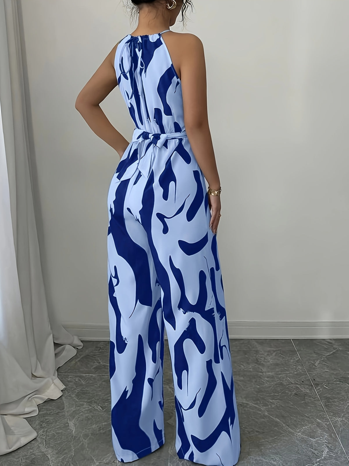 Women'S Printed Fabric Ruched Jumpsuit with Halter Neck, Elegant for Holiday And Everyday Wear - Blue