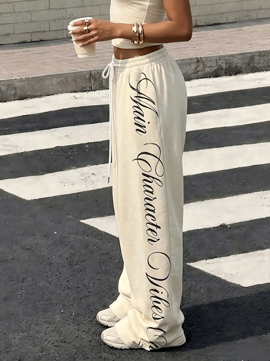 Women's Y2K Wide-Leg High-Waist Drawstring Palazzo Pants, Floor-Length Casual Trousers with Cursive English Letter Print on the Side, Loose-Fit Sweatpants, Trendy Street Style Flowy Joggers, Suitable for Spring, Summer, and Autumn Daily Outings - Mixed colors