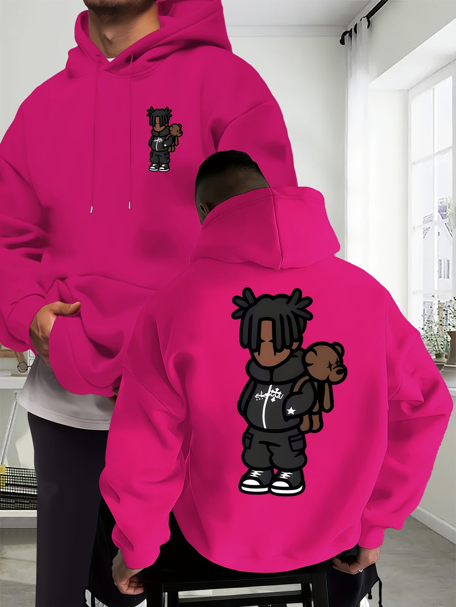 Cartoon Men's New Trendy Autumn Winter Hoodie, Casual Daily Drawstring Hooded Sweatshirt with Creative Design Print, Front Kangaroo Pocket, Unisex Top - Rose Red