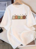 Women's Short Sleeve T-Shirt with Whimsical Cartoon Cat & Star Print - Loose Fit Round Neck Casual Top for Casual Attire, Machine Washable All-Season Comfort, Ladies T Shirts - White
