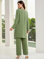 New Autumn/Winter Collection: Loose-Fit, Casual, and Comfortable Round-Neck Long Top with Casual Wide-Leg Pants 2pcs Set (155) - Military Green