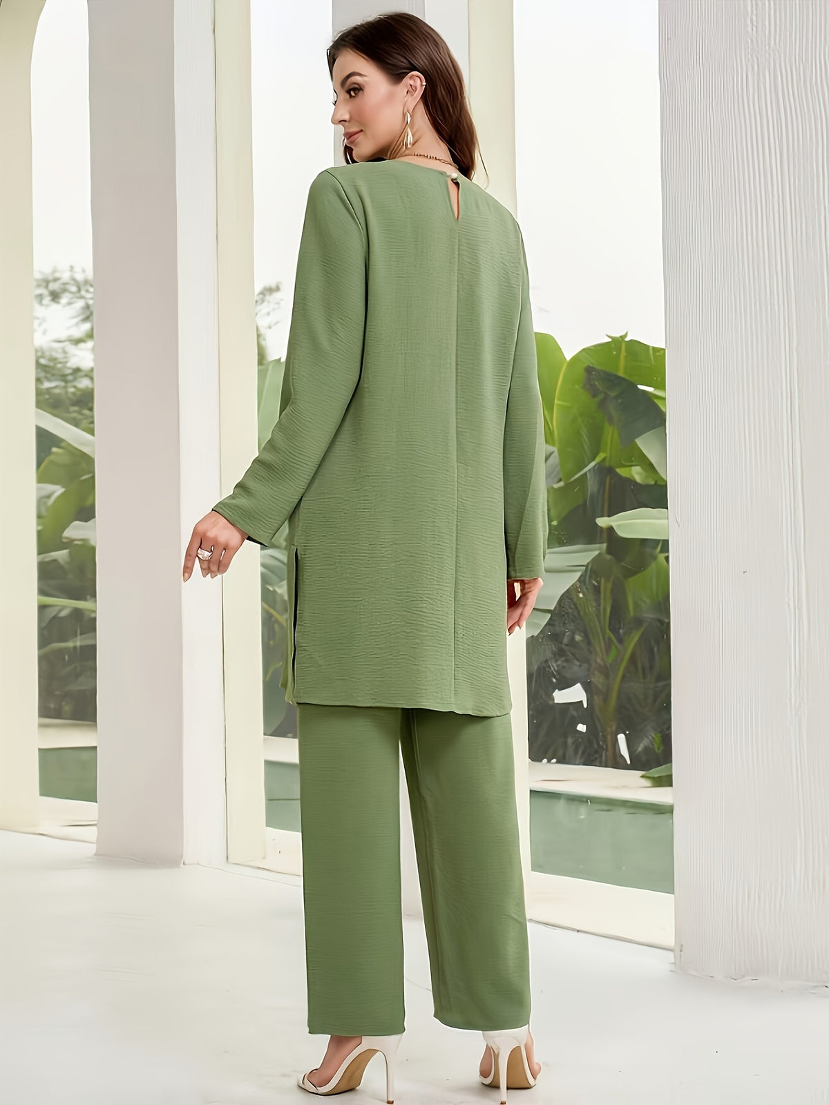 New Autumn/Winter Collection: Loose-Fit, Casual, and Comfortable Round-Neck Long Top with Casual Wide-Leg Pants 2pcs Set (155) - Military Green