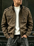 Retro Vintage PU Leather Jacket, Short Motorcycle Jacket Men's Stand up Collar Zipper Workwear PU Leather Jacket, American Casual Slim Fit PU Leather Jacket, Versatile Retro Cycling PU Leather Jacket for Autumn Winter, Motorcycle Suit Multi Pocket - Coffee Color