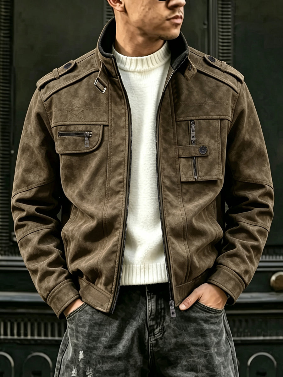 Retro Vintage PU Leather Jacket, Short Motorcycle Jacket Men's Stand up Collar Zipper Workwear PU Leather Jacket, American Casual Slim Fit PU Leather Jacket, Versatile Retro Cycling PU Leather Jacket for Autumn Winter, Motorcycle Suit Multi Pocket - Coffee Color