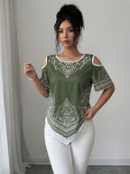 Women's Elegant Asymmetrical Hem Blouse Top - Short Sleeve Round Neck Church Shirt with Asymmetrical Hemline, Black & White Print Suitable for Commuting, Church Events, Casual Outfits, Spring Summer Fall Wardrobe Essential - Olive Green