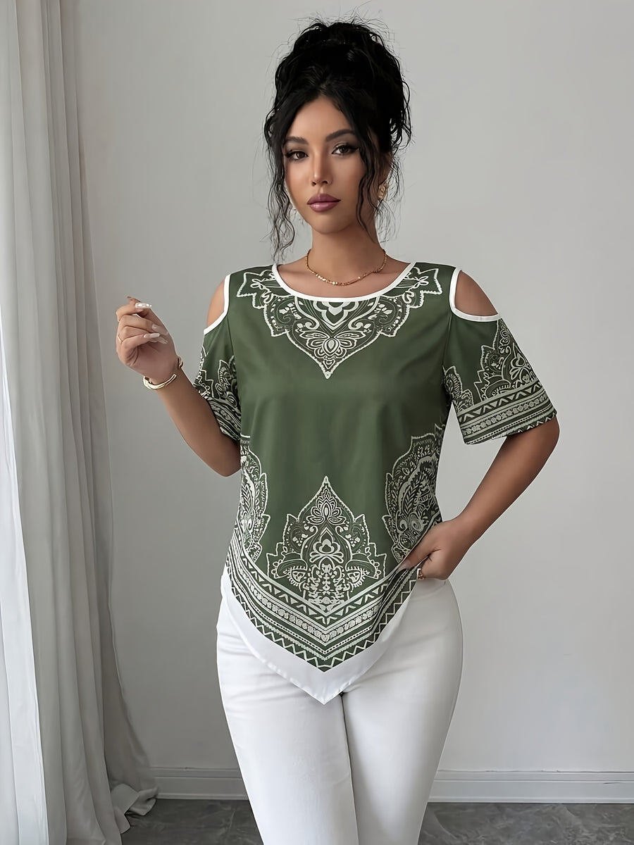 Women's Elegant Asymmetrical Hem Blouse Top - Short Sleeve Round Neck Church Shirt with Asymmetrical Hemline, Black & White Print Suitable for Commuting, Church Events, Casual Outfits, Spring Summer Fall Wardrobe Essential - Olive Green