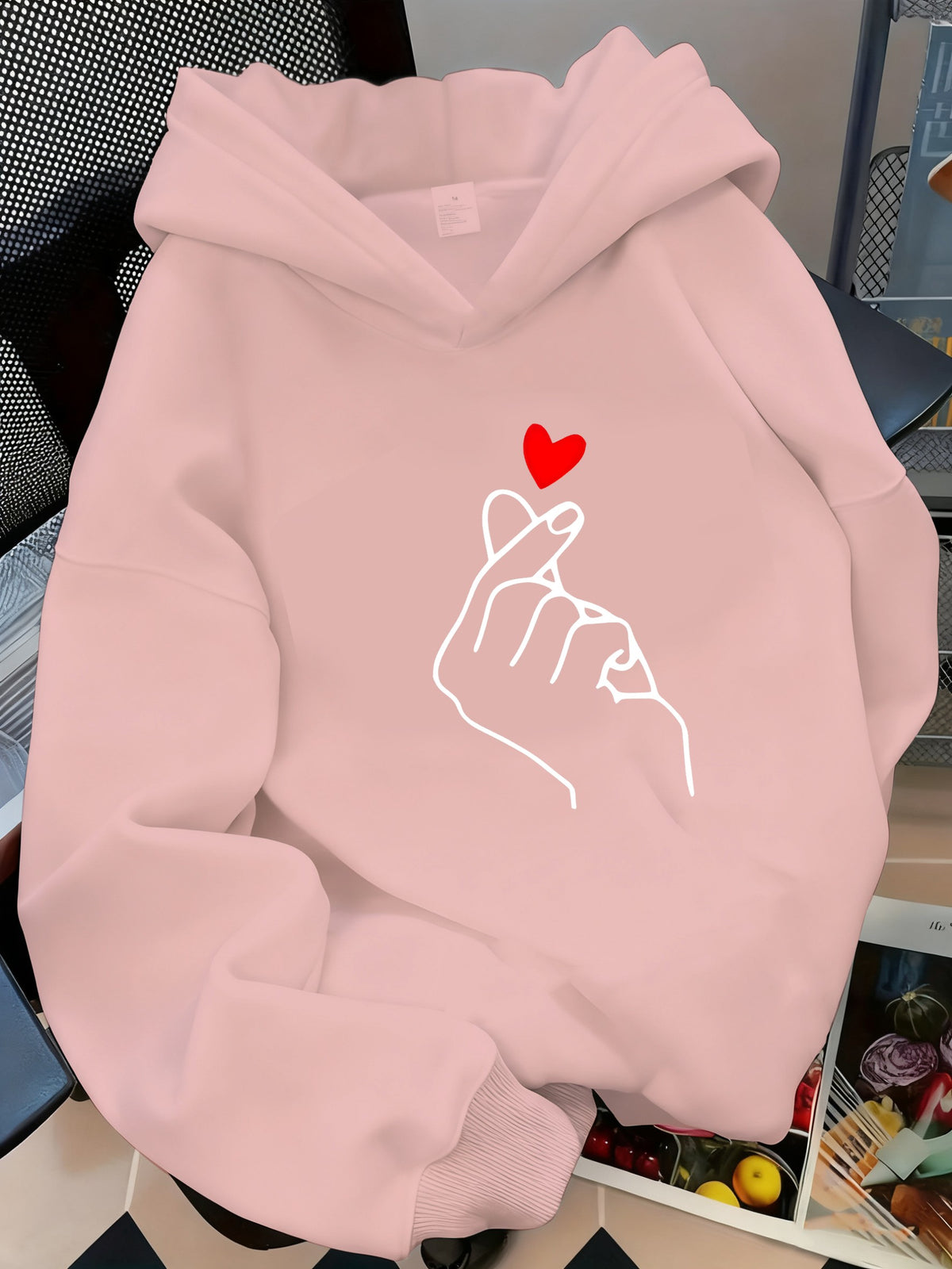 A Stylish And Minimalist Hoodie with a Heart Gesture Print, Perfect for Casual Wear, Campus Life, And Couples. This Versatile Long-Sleeve Sweatshirt Is Comfortable for Autumn And Winter - Pale Pinkish Gray