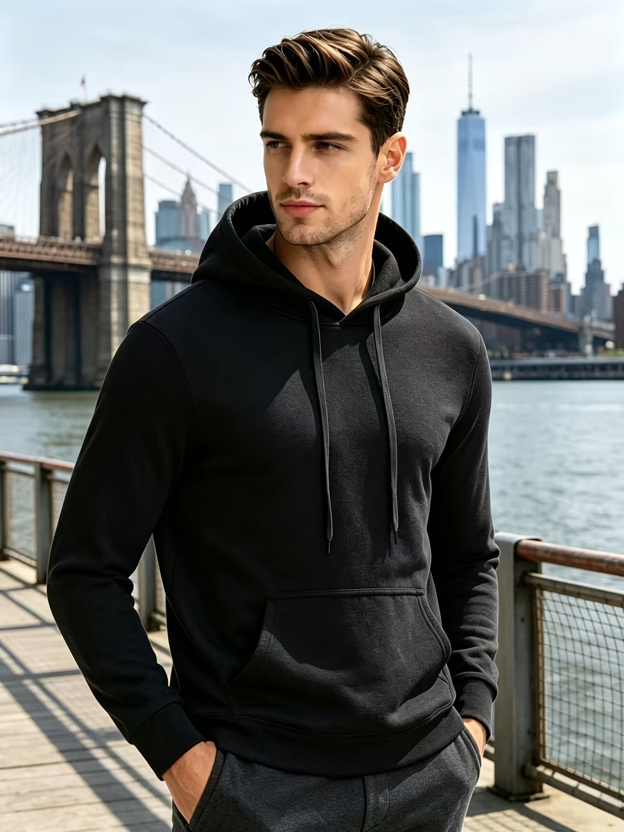 Solid Color Hooded Sweatshirt for Men, Sporty Casual Pullover, Solid Color Long-Sleeve Jacket, Simple and Versatile Warm Top - Black