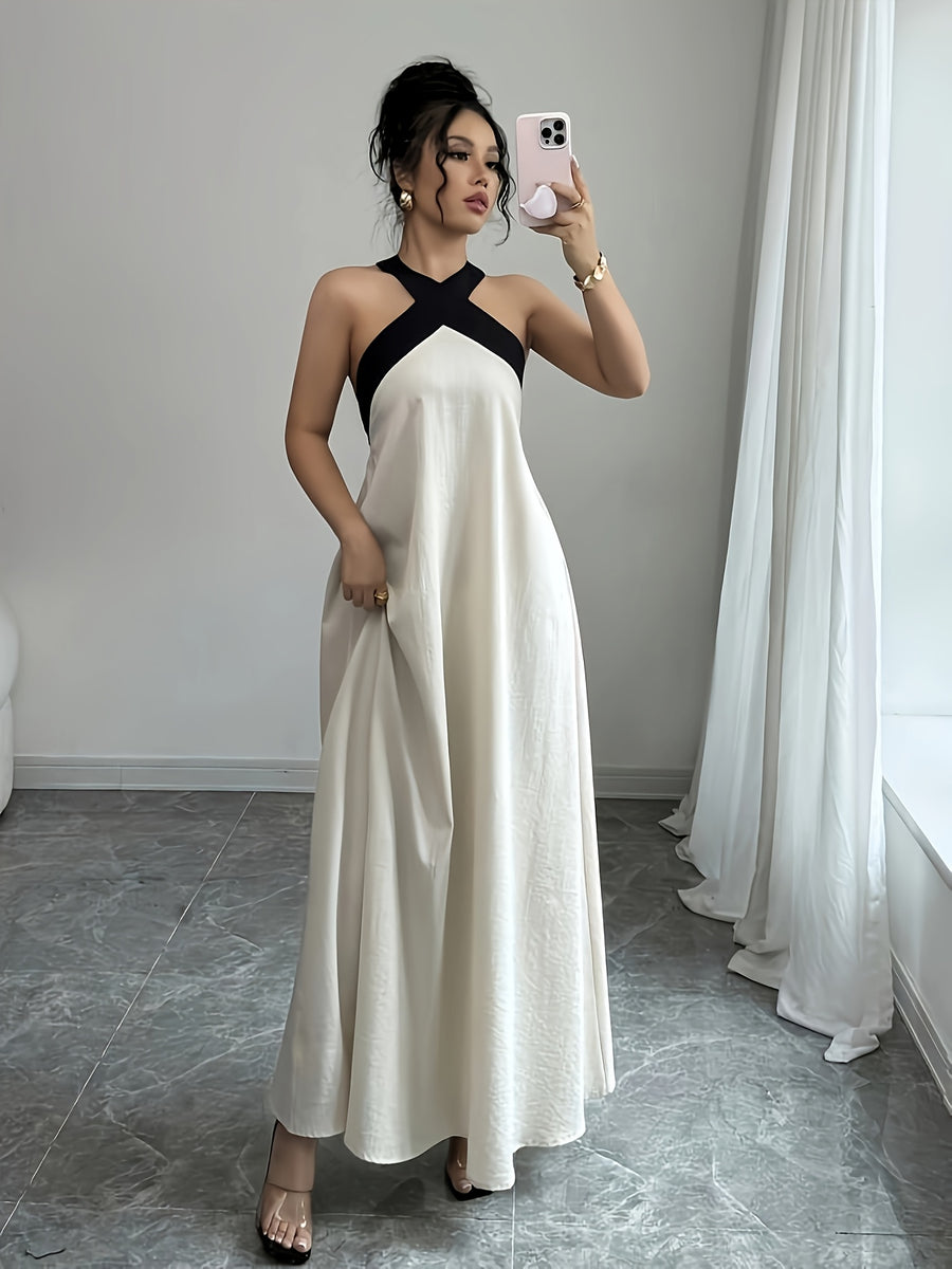 Elegant Backless Strapless Sleeveless Maxi Dress with Black and Apricot Color Blocks, for Casual Beach Vacations - Beige