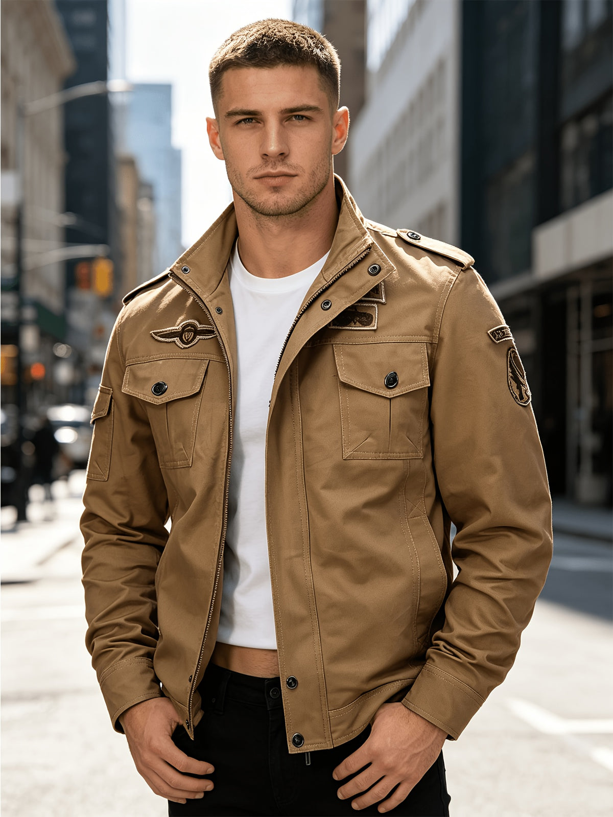 Men'S Vintage Cargo Bomber Jacket, Multi-Pocket Embroidered Stand Collar Autumn Winter Casual Coat - Khaki