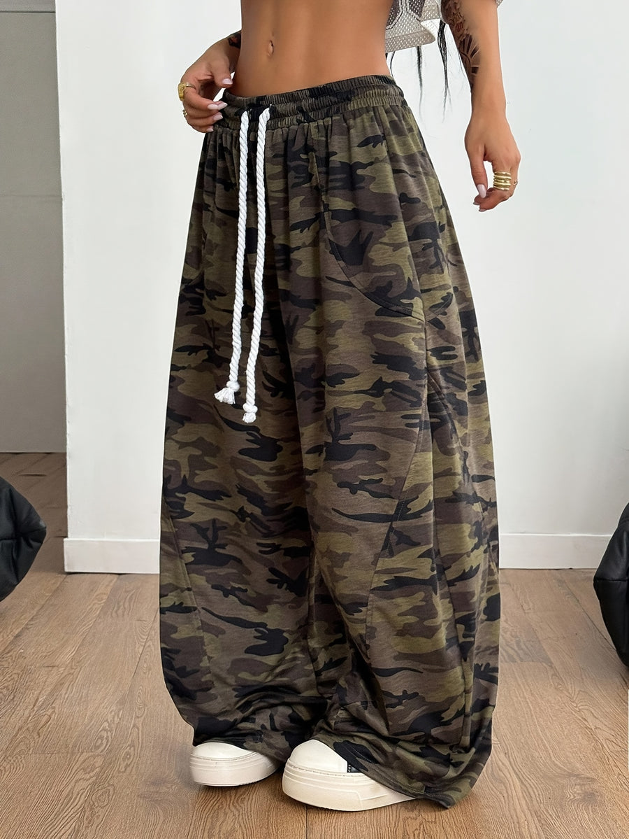 Women's Y2K Fashion Camouflage Print Elastic Waist Drawstring Loose Fit Pants, Casual Versatile Wide-Leg Y Trousers for Dating and Commuting - Mixed colors